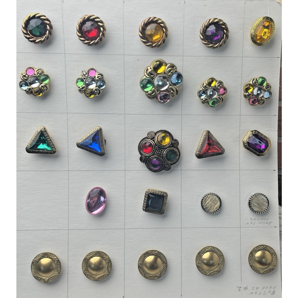 VTG MJ Designs Button Covers Lot 25pc Jeweled Rhinestone Brass Gold Tone Floral